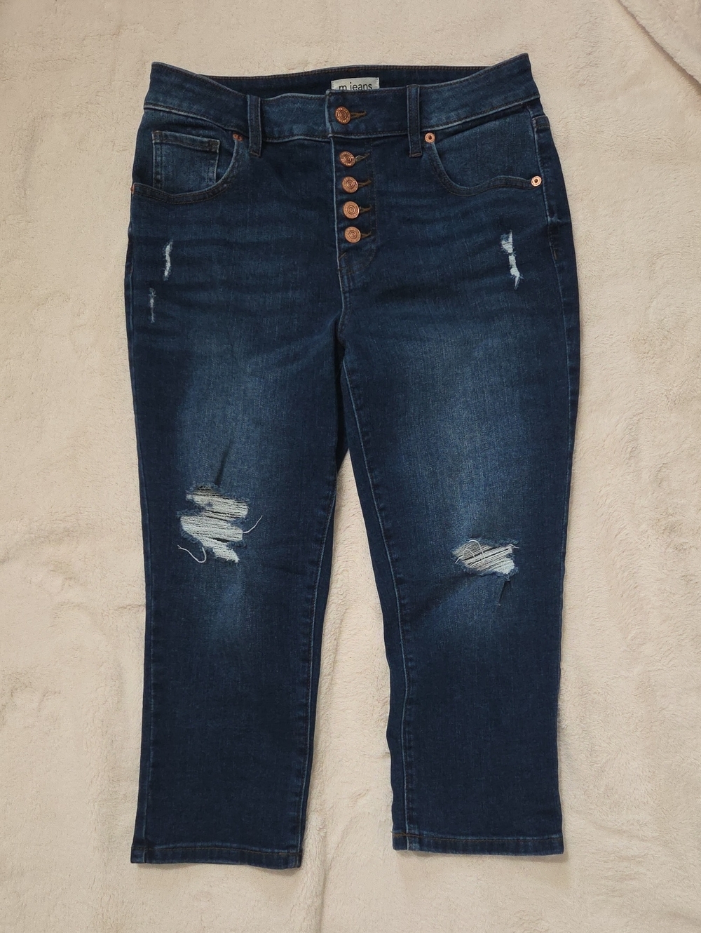 Maurices Dark Blue Distressed Capri Jeans with Exposed Button Front High Rise